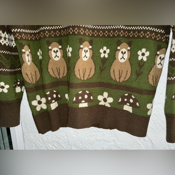 Social Collision/ Thorn & Fable Forest Capybara Frog Sweater Cardigan - Picture 5 of 6